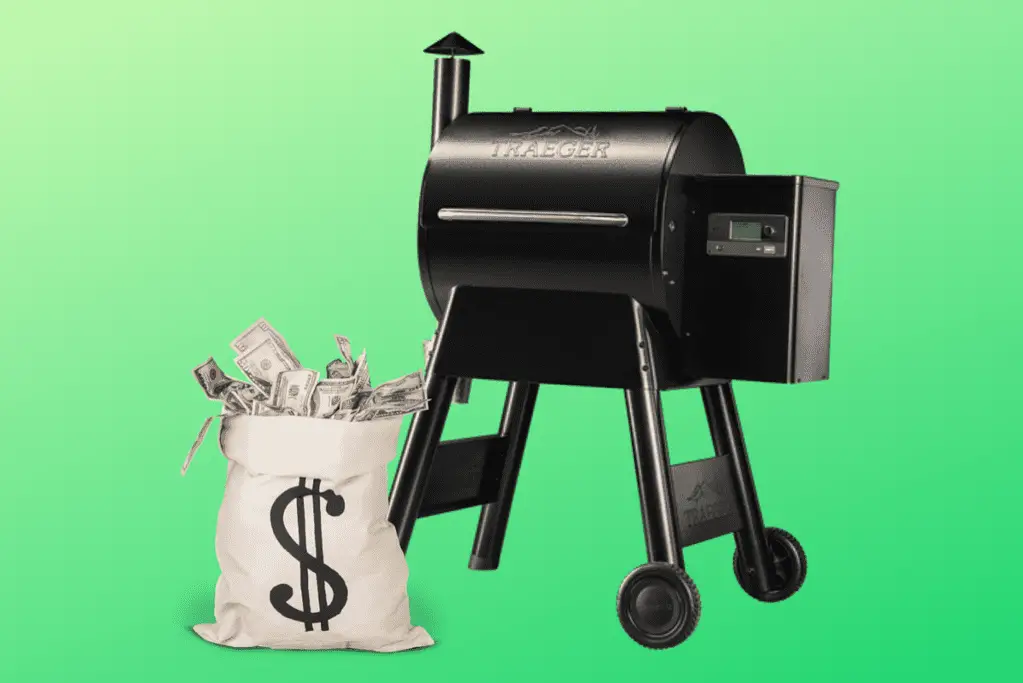 Sac of US dollars sitting next to a Traeger Grill against a green background.