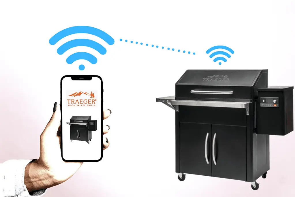 Person holding up a smartphone connected to a Traeger grill over Wi-Fi