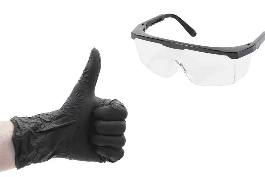 Photo heavy duty nitrile glove and protective eyeglasses.