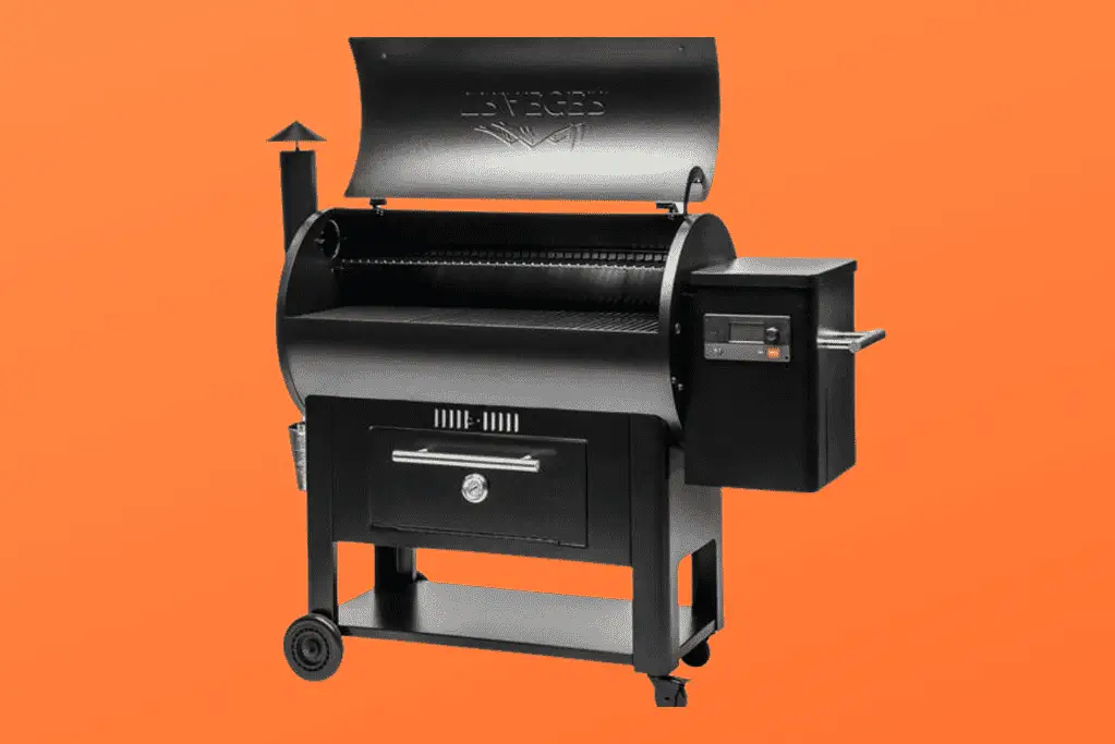 Traeger Century 885 wood pellet grill against a solid orange background.